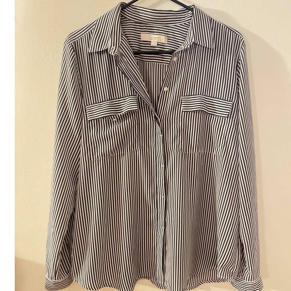 LOFT Womens Navy White Striped Button Down Blouse Long Sleeve Size L